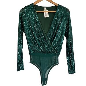 NEW!  Green Sequin Sparkly Long Sleeve Wrap Thong Glam Bodysuit Size Small